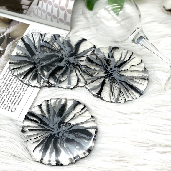 Resin Geode coasters gray black flower Hand Painted Gift Set agate coaster epoxy - Picture 3 of 6